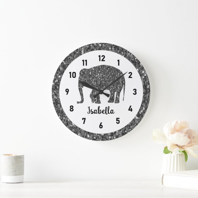 Funkelnd grauer Elephant-Individuelle Name Große Wanduhr (Zuhause)