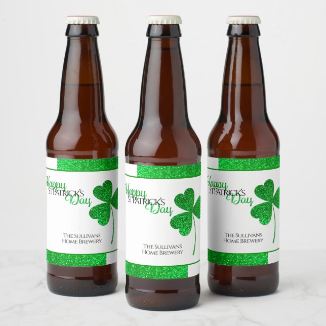 Funkelnd Green Kleeblatt St Patrick Personalisiert Bierflaschenetikett (Flaschen)