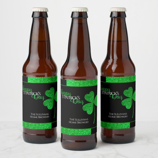 Funkelnd Green Kleeblatt St Patrick Personalisiert Bierflaschenetikett (Flaschen)