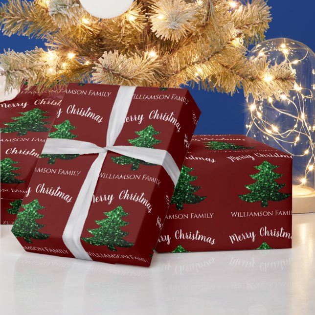 Funkelnd grüner Weihnachtsbaum dunkelrot Persönlic Geschenkpapier (Feiertage)