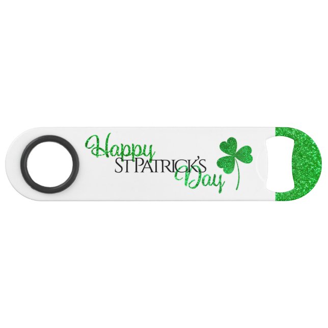 Funkelnd grünes Kleeblatt Happy St Patrick's Day Speed Flaschenöffner (Vorderseite (Horizontal))