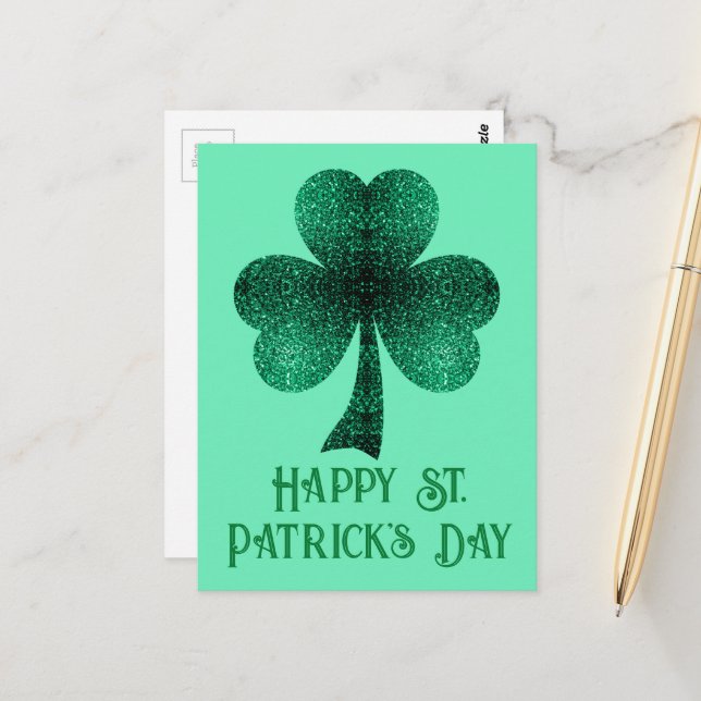 Funkelnd grünes Kleeblatt St. Patrick's Day türkis Postkarte (Vorderseite/Rückseite Beispiel)