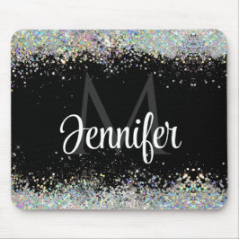 Funkelnd Holographic Gold Glitzer Monogram Black Mousepad