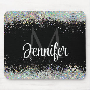 Funkelnd Holographic Gold Glitzer Monogram Black Mousepad
