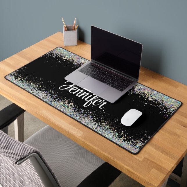 Funkelnd Holographic Gold Glitzer Monogram Black Schreibtischunterlage (Büro 2)
