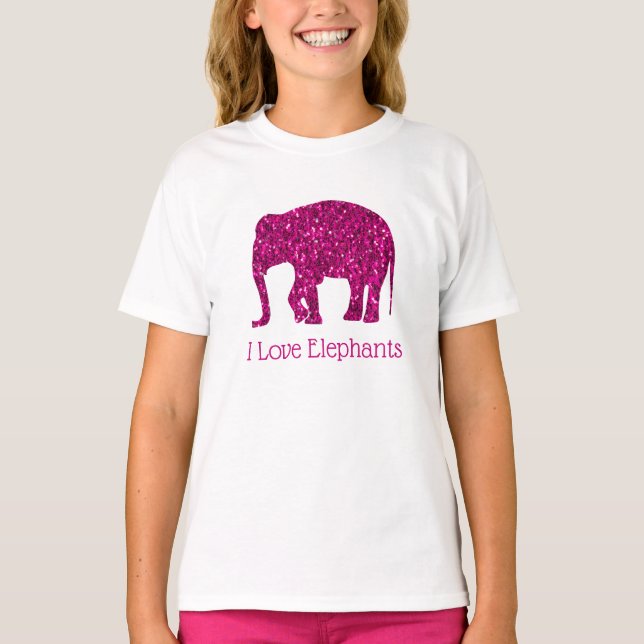 Funkelnd Hot Pink I Liebe Elefantentext anpassen T-Shirt (Vorderseite)