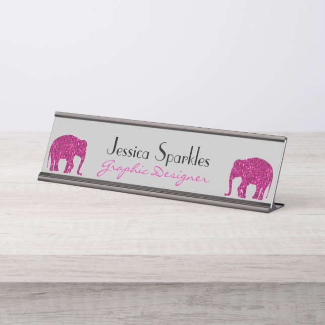 Funkelnd Hot-Rosa Elephant Imitate Glitzern Ihr Na Schreibtischnamensplakette (Vorderseite )