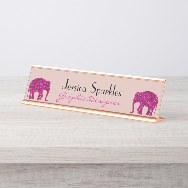 Funkelnd Hot-Rosa Elephant Imitate Glitzern Ihr Na Schreibtischnamensplakette (Vorderseite )