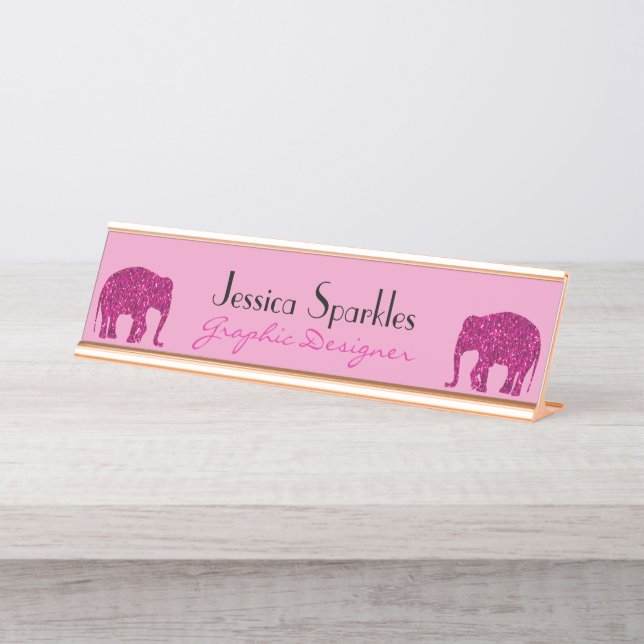 Funkelnd Hot-Rosa Elephant Imitate Glitzern Ihr Na Schreibtischnamensplakette (Vorderseite )