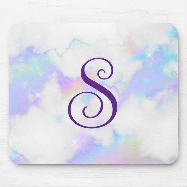 Funkelnd Iridescent Rainbow-Marmor Curly-Monogramm Mousepad (Vorne)