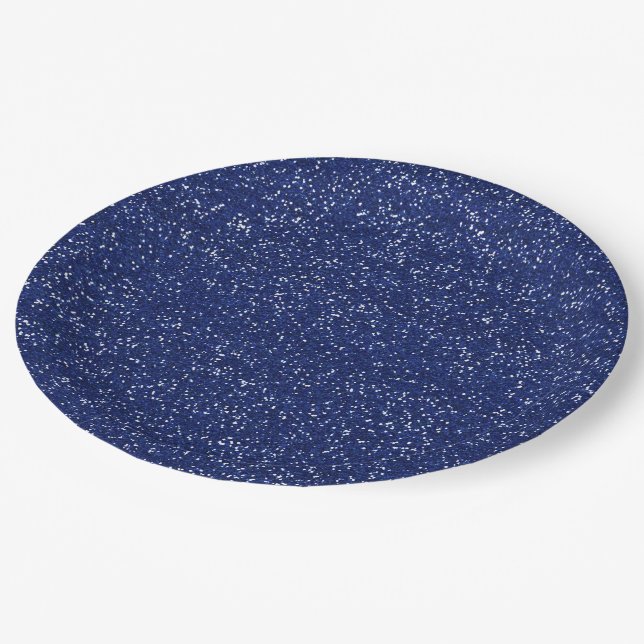 Funkelnd königliches Blau-u. Silber-Glitzer Pappteller (Schrägansicht)