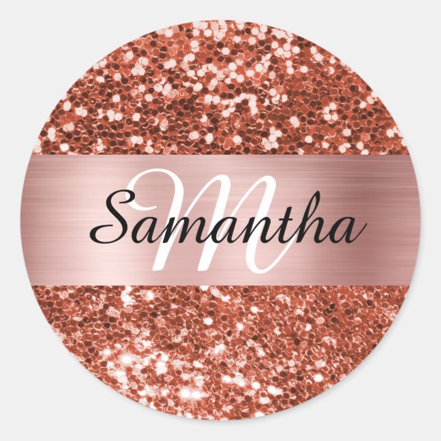 Funkelnd Kupfer Glitzer Rose Gold Shimmer Monogram Runder Aufkleber (Vorderseite)