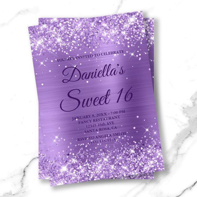 Funkelnd leichter Lila Glitzer und Foil Sweet 16 Einladung (Sparkly Light Purple Glitter and Foil Sweet 16 Invitation)