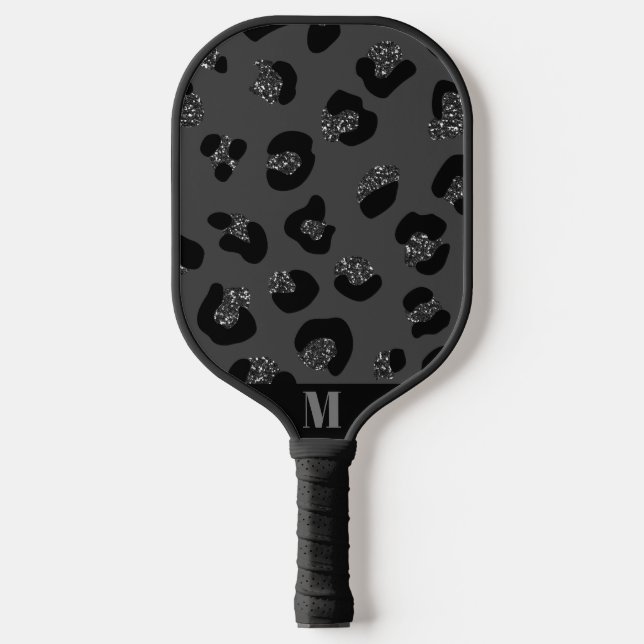 Funkelnd Leopard-Tierhautmuster Schwarz/Grau Pickleball Schläger (Vorderseite)