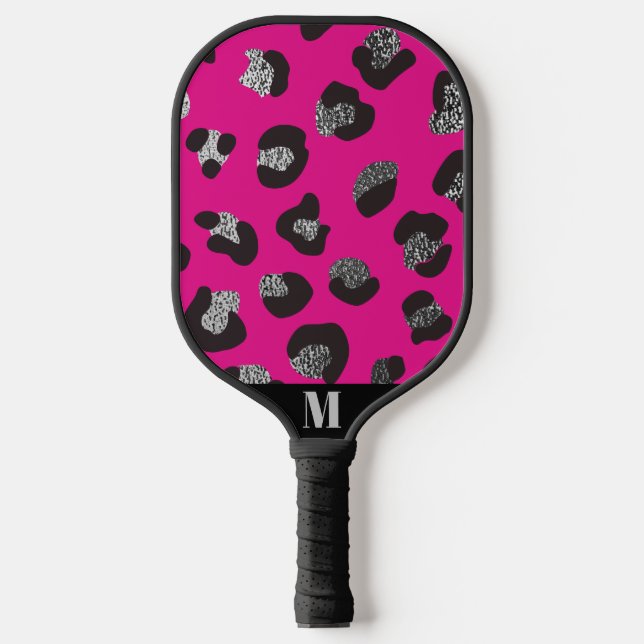 Funkelnd Leopardenmuster in Schwarz und Rosa Pickleball Schläger (Vorderseite)