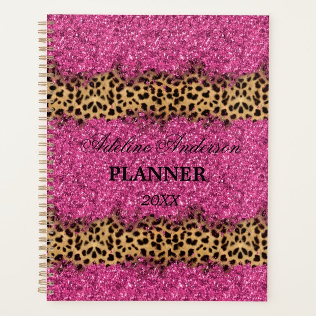 Funkelnd Leopardenmuster in Schwarz und Rosa Planer (Vorderseite)
