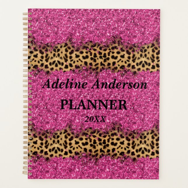 Funkelnd Leopardenmuster in Schwarz und Rosa Planer (Vorderseite)