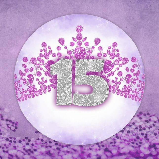 Funkelnd Lila und rosa Tiara Sticker (purple pink silver quinceanera number 15 stickers, silver glitter fifteen fifteenth birthday party)