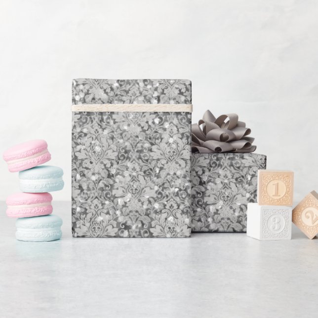 Funkelnd Luxus Damask & Glitzer - Silber Geschenkpapier (Babyparty)