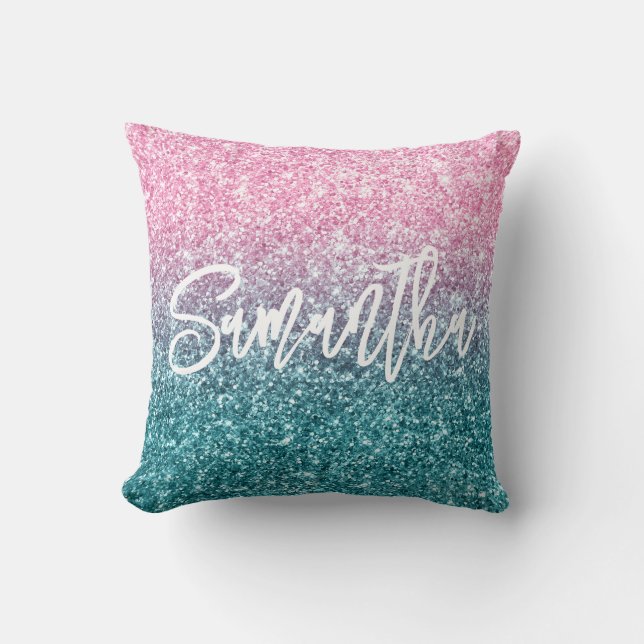 Funkelnd Luxus Light Pink Aquamarin Ombre Glitzer Kissen (Vorderseite)