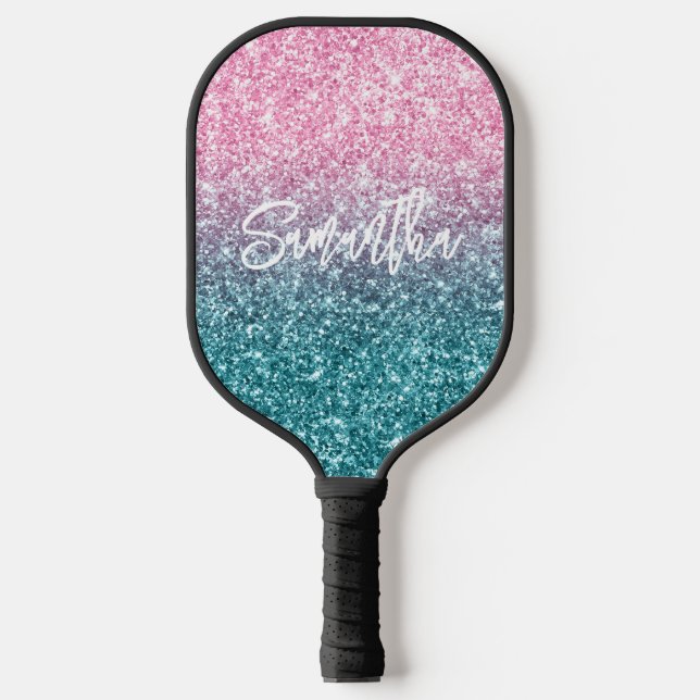 Funkelnd Luxus Light Pink Aquamarin Ombre Glitzer Pickleball Schläger (Vorderseite)
