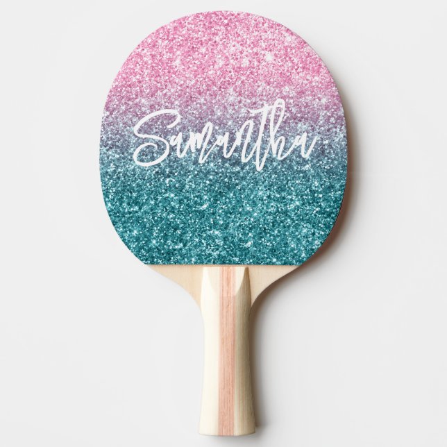 Funkelnd Luxus Light Pink Aquamarin Ombre Glitzer Tischtennis Schläger (Vorderseite)