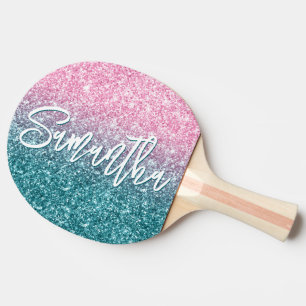 Funkelnd Luxus Light Pink Aquamarin Ombre Glitzer Tischtennis Schläger