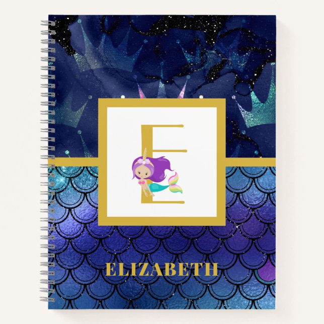 Funkelnd Mermaid-Skalen Einhorn-Horn-Monogramm Notizbuch (Vorderseite)