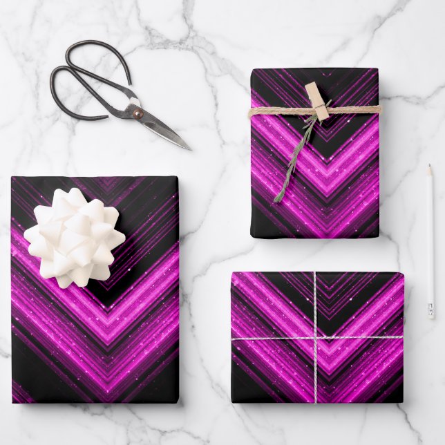 Funkelnd metallisches heißrosa Magentinschwarz Zic Geschenkpapier Set (Vorderseite)