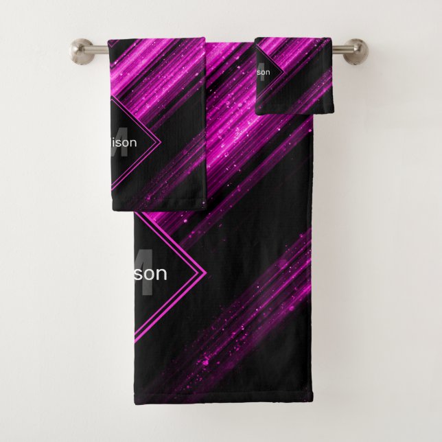 Funkelnd metallisches, heißrosa, Zickzack Monogram Badhandtuch Set (Insitu)
