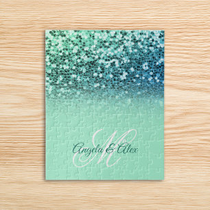 Funkelnd Minze Blue Glitzer Türkis Ombre Monogram