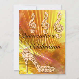 Funkelnd Orange Musiknote & Stiletto Quinceñera Einladung