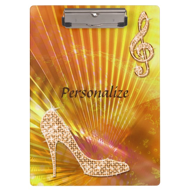Funkelnd Orange Musiknote und Stiletto Heel Klemmbrett (Vorderseite)