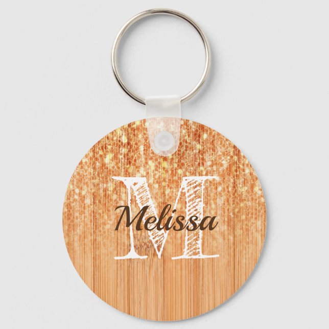 Funkelnd orangefarbener Bambusprint Monogram Schlüsselanhänger (Vorderseite)