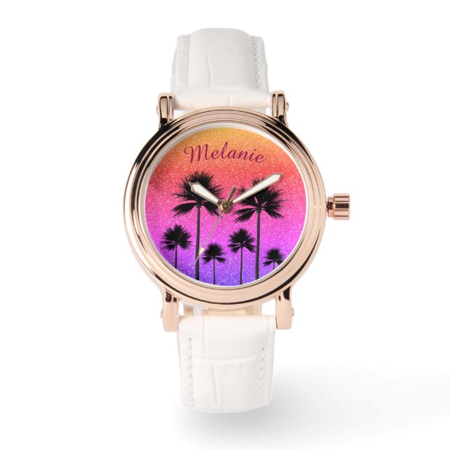 Funkelnd Palmen Gradient Sunset Personalisiert Armbanduhr (Vorderseite)