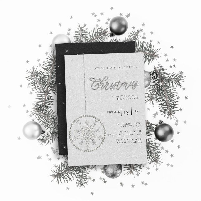 Funkelnd Party Rhinestones Glitzer Weihnachten Einladung (sparkly glitter christmas party invitation rhinestones bauble snowflake formal black white elegant)