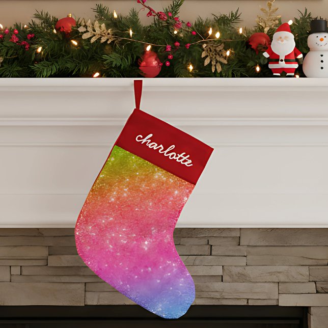 Funkelnd Rainbow Glitzer Weihnachten Strumpf Kleiner Weihnachtsstrumpf (cute fun girly rainbow glitter Christmas stocking with custom name in script calligraphy)
