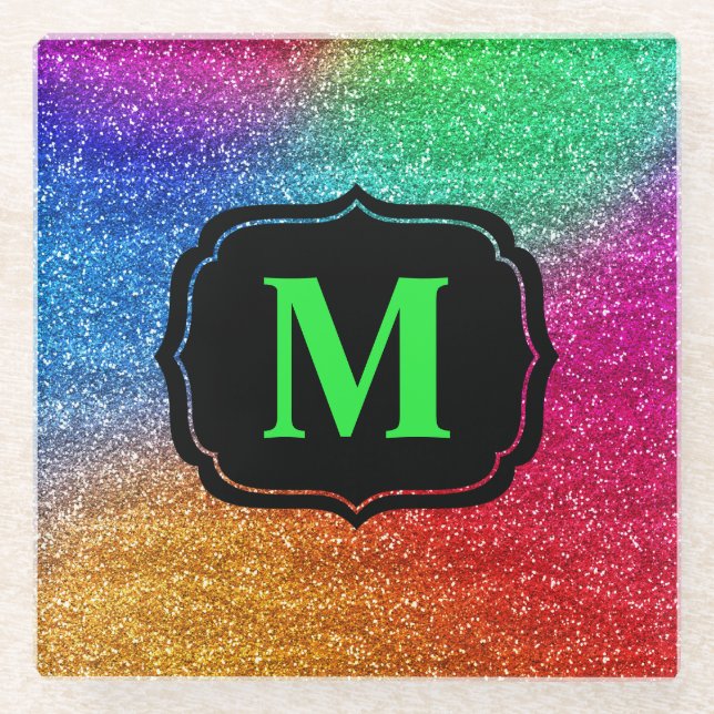 Funkelnd Rainbow-Gradient-Glitzer-Monogramm Glasuntersetzer (Vorderseite)