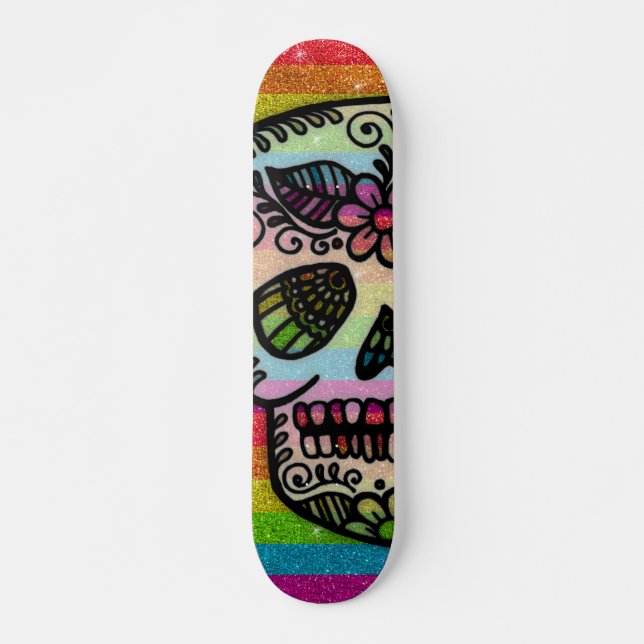 Funkelnd Regenbogen Glitzer Zucker Skull Tattoo De Skateboard (Vorne)