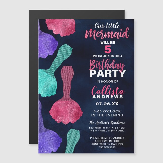 Funkelnd rosa Aquamariner Glitzer Mermaid Schwänze Magneteinladung (Vorne/Hinten)