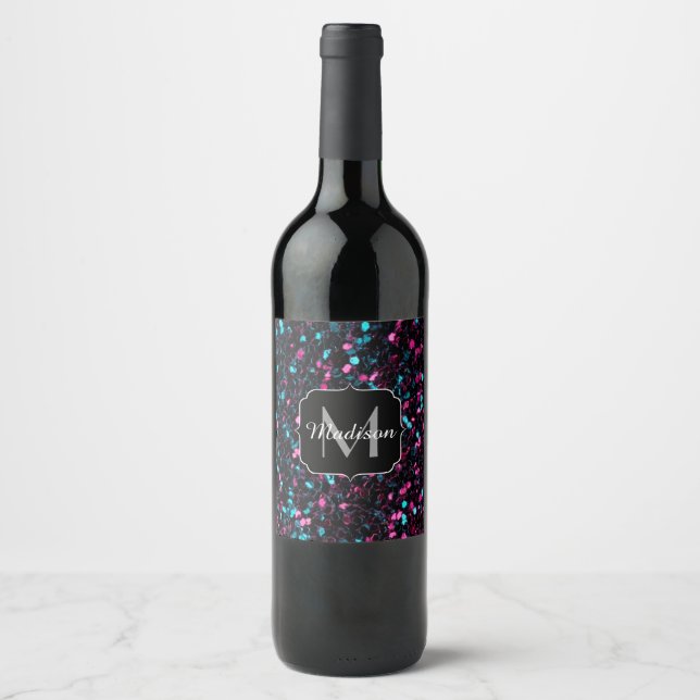 Funkelnd-rosa-blaue Mosaikbläser-Glitzer-Funkeln M Weinetikett (Vorderseite)
