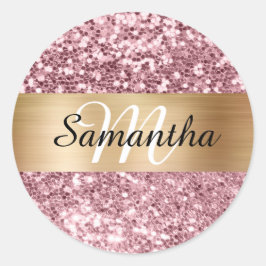 Funkelnd rosa Glitzer Gold Shimmer Monogramm Runder Aufkleber