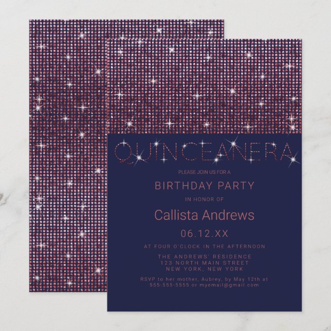 Funkelnd rosa Glitzer Sequins Quinceañera Einladung (Vorne/Hinten)