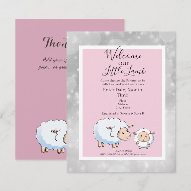 Funkelnd rosa, graue Lamm Babydusche Einladung (Vorne/Hinten)