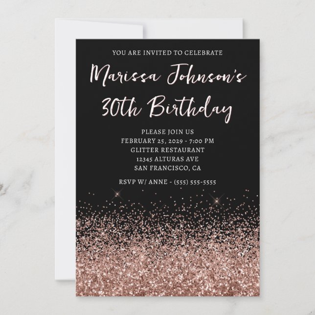 Funkelnd Rose Gold Glitzer Black 30. Geburtstag Einladung (Vorderseite)