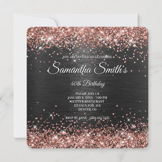 Funkelnd Rose Gold Glitzer Black Foil 40. Geburtst Einladung (Vorderseite)