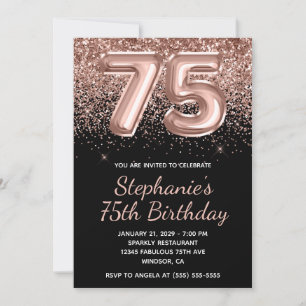 Funkelnd Rose Gold Glitzer Black Number 75 Geburts Einladung