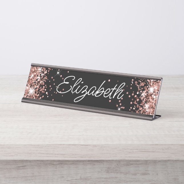 Funkelnd Rose Gold Glitzer Black Schreibtischnamensplakette (Vorderseite )