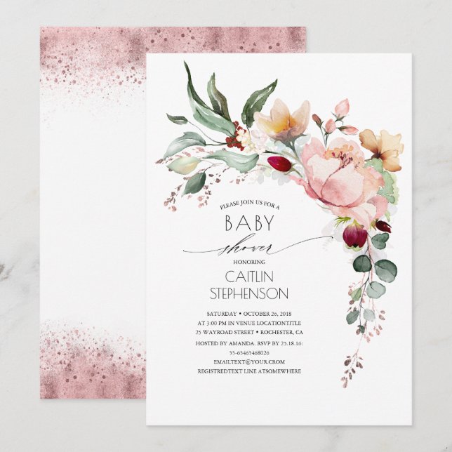 Funkelnd Rose Gold Glitzer Blumenspülung Einladung (Vorne/Hinten)