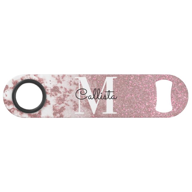 Funkelnd Rose Gold Glitzer Marble Ombre Monogram Speed Flaschenöffner (Vorderseite (Horizontal))